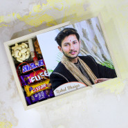 Cheerful Love - Almond & Cashew, Snickers, Dairy Milk Fuse, Dairy Milk Silk, Kitkat, Fivestar 3 Rakhi Props, Personalized Wooden Box with 2 Rakhi and Roli-Chawal