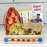 Super Bhai Rakhi Tray - Almond & Cashew in Jar, Handmade Chocolates in Potli (D), Auspicious Ganesha Thali with Pearls, 3 Rakhi Props, Personalized Wooden Tray with 2 Rakhi and Roli-Chawal