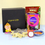 Sweet Celebrations with Idol - Kaju Katli, Mini Celebrations, Ganesha Idol with Diyas, Laxmi-Ganesha Coin and Premium Gift Box (B)