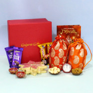 Diwali Celebrate Combo - Kaju Katli, Cashew in Potli (D), Raisin in Potli (D), 2 Dairy Milk, 2 Five Star with 2 Diyas, Laxmi-Ganesha Coin and Premium Gift Box (M)