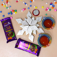 Choco with Kaju Katli - Kaju Katli, 2 Dairy Milk Silk with 2 Diyas and Laxmi-Ganesha Coin