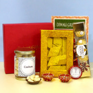 Adorable Wonder - Kaju Katli, Ferrero Rocher 4 Pcs, Cashew in Jar with 2 Diyas, Laxmi-Ganesha Coin and Premium Gift Box (M)