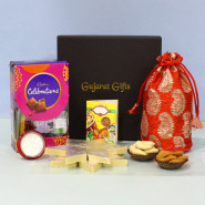 Mesmerizing Present - Kaju Katli, Almond & Cashew in Potli (D), Mini Cadbury Celebrations with Bhaidooj Tikka, Laxmi-Ganesha Coin and Premium Gift Box (B)