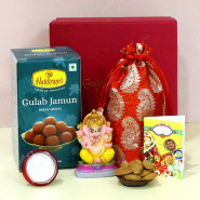Heavenly Delight - Haldiram Gulab Jamun, Almond in Potli (D), Ganesha Idol with Bhaidooj Tikka, Laxmi-Ganesha Coin and Premium Gift Box (M)
