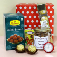 Adorable Bro Combo - Haldiram Gulab Jamun, Almond & Cashew in Jar, Ferrero Rocher 4 Pcs with Bhaidooj Tikka, Laxmi-Ganesha Coin and Premium Gift Box (P)