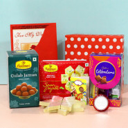 Hamper for Bro - Kaju Katli, Haldiram Gulab Jamun, Haldiram Soan Papdi, Mini Cadbury Celebrations with Bhaidooj Tikka, Laxmi-Ganesha Coin and Premium Gift Box (P)