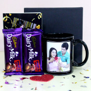 Wishfull Combo - 2 Dairy Milk Fruit n Nut, Happy Anniversary Personalized Black Mug, Personalized Card and Premium Box (B)
