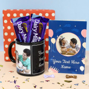 Wishfull Treat - 2 Dairy Milk Butterscotch, Personalized Black Mug, Personalized Card and Premium Box (P)