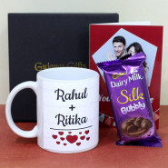 Bubbly Treat - Dairy Milk Silk Bubbly, Custom Couples Name Personalized White Mug, Personalized Card and Premium Box (B)