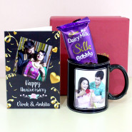 Wishfull Joy - Dairy Milk Silk Bubbly, Happy Anniversary Personalized Black Mug, Personalized Anniversary Card and Premium Box (M)
