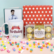 Munching Delight - Ferrero Rocher 16 Pcs, Happy Birthday Personalized White Mug, Personalized Card and Premium Box (P)