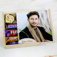 Lucky Bhaidooj Box - Almond in Pouch, Cashew in Pouch, Dairy Milk Silk, Fuse, Snicker, Dairy Milk, Five Star, Kit Kat, 2 Props, Personalized Wooden Box with Bhaidooj Tikka and Laxmi-Ganesha Coin