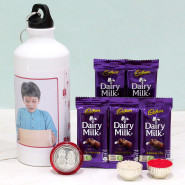 Goodies for Bro - Personalized Sipper Bottle, 5 Dairy Milk with Bhaidooj Tikka and Laxmi-Ganesha Coin
