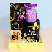 Personalized Treat - Dairy Milk Silk, Happy Birthday Personalized Black Mug, Personalized Keychain, Personalized Card and Wooden Tray