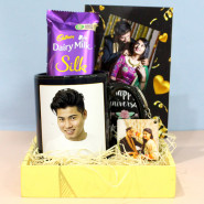 Personalized Treat - Dairy Milk Silk, Happy Birthday Personalized Black Mug, Personalized Keychain, Personalized Card and Wooden Tray