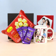 Joy of Sweet - Soan Papdi 250 gms, 3 Dairy Milk, Personalized White Mug, Personalized Card and Premium Box (B)