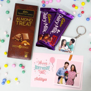 Temptation Combo - Cadbury Temptations, 2 Dairy Milk Fruit and Nut, Personalized Keychain, Personalized Birthday Card and Premium Box (M)