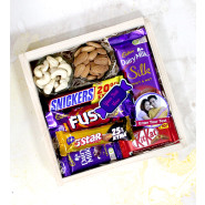 Attractive Hamper - Almond & Cashew in Pouch, Dairy Milk Fruit n Nut, Dairy Milk Fuse, Dairy Milk, Snickers, Kit Kat, Five Star, 2 Personalized Props, Personalized Wooden Box and Card