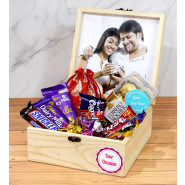 Royal Treat - Ferreo Rocher 16 Pcs, Dairy Milk Fruit n Nut, Dairy Milk Fuse, Dairy Milk Silk, Dairy Milk Crispello, Snicker, Kit Kat, Five Star, Handmade Chocolates in Potli, 2 Personalized Props, Personalized Wooden Box and Card