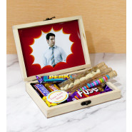 Box of Pleasant Surprise - Almond in Glass Tube, Cashew in Glass Tube, Rasin in Glass Tube, Gems in Glass Tube, Snickers, Dairy Milk Fuse, Five Star, Perk, Personalized Props, Personalized Wooden Box and Card