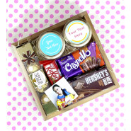 Blissful Combination - Almond in Jar, Cashew in Jar, Hershey's Milk Shake Cookie N Cream Flavour, Ferreo Rocher 4 Pcs, Dairy Milk Crispello, Kit Kat, 3 Personalized Props, Wooden Tray and Card