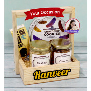 Deliciouse Combination - Sapphire Choco Chips Cookies, Hershey's Milk Shake Cookie N Cream Flavour, Almond In Jar, Cashew In Jar, 3 Personalized Props, Wooden Basket and Card