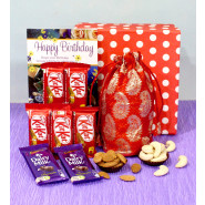 Splendid Combination - Almond & Cashew in Potli (D), 5 Kit Kat, 2 Dairy Milk, Premium Gift Box (P) and Card