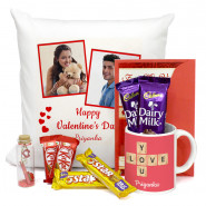 Adorably Stunning - Happy Valentines Day Personalized Cushion, Love You Personalized Mug, Messages In A Bottle With Rose, 2 Dairy Milk, 2 Five Star, 2 Kit Kat & Valentine Greeting Card