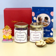 Combo Of Divine - Ganesh Idol, Hand Mand Chocolate in Jar, Almonds & Cashewnuts in Jar, Personalized Card and Premium Box (M)