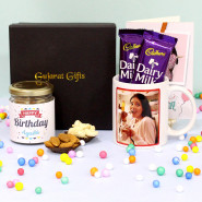 Gifts Of Variety - Almond & Cashew in Personalized Birthday Jar, 2 Dairy Milk, Personalized Birthday White Mug, Personalized Card and Premium Box (B)
