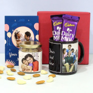 Perfect Dryfruit Hamper - Almond & Cashew in Personalized Birthday Jar, 2 Dairy Milk, Personalized Black Mug, Personalized Card and Premium Box (M)