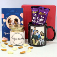 Perfect Dryfruit Hamper - Almond & Cashew in Personalized Birthday Jar, 2 Dairy Milk, Personalized Black Mug, Personalized Card and Premium Box (M)