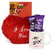 Romantic and Pleasing - My Love Personalized Mug, Heart Pillow, 2 Dairy Milk & Valentine Greeting Card