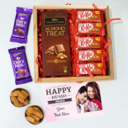 Awesome Surprise - Cadbury Temptations, 5 Kit Kit, 2 Dairy Milk, Almond, Personalized Birthday Card and Wooden Tray