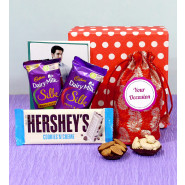 Box of Delighted Relish - Almond & Cashew in Potli (D), 2 Dairy Milk Silk, Hershey's Cookies & Cream  Bar, Personalized Card, Personalized Prop, Premium Gift Box (P) and Card