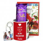 Lovely and Pretty - Keep Calm and Be My Valentine Personalized Mug, Photo Keychain, Dairy Milk Silk & Valentine Greeting Card