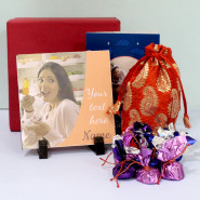 Exciting Gifts - Hand Mand Chocolate in Potli (D), Personalized Photo Tile, Personalized Card and Premium Box (M)