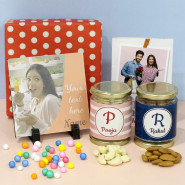 Bundle of Dryfruits - Almond in Personalized Jar, Cashews in Personalized Jar, Personalized Photo Tile, Personalized Card and Premium Box (P)