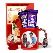 Gracefully Sweet - Valentine Personalized Red Mug, Photo Heart Keychain, Love Globe, 2 Dairy Milk & Valentine Greeting Card