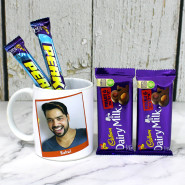 Chocolaty Photo Mug - Khadhe Pidhe Sukhi Funny Gujarati Personalized Mug, 2 Dairy Milk Fruit n Nut, 2 Perk and Card