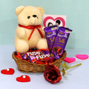 Sweet Valentine Day Hamper - 2 Dairy Milk Silk, 2 Fuse, Teddy 6 inch, Red Golden Rose, Personalized Card and Decorative Basket