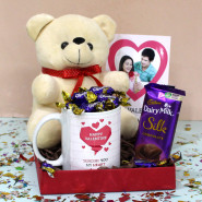 Personalized White Mug, Teddy 6 inch, Dairy Milk Silk, Choclairs Gold 20 Pcs and Personalized Card