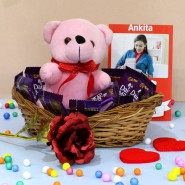 Romantic V'Day Basket - 10 Dairy Milk, Teddy 6 inch, Red Golden Rose, Personalized Card and Decorative Basket