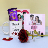 Cute Love Gift - Be Mine Valentine Personalized Photo Tile, Personalized White Mug, Red Golden Rose, Dairy Milk Silk and Personalized Card