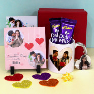 Amazing Love Box - Valentine Personalized Photo Tile, Valentine Day Personalized White Mug, 2 Dairy Milk, Photo Keychain, Personalized Card and Premium Box (M)