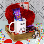 Cute Valentine Gifts - Small Heart Cushion, Personalized White Mug, Photo Keychain, Dairy Milk Silk Oreo, 2 Dairy Milk and Personalized Card
