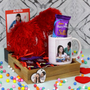 Cute Valentine Gifts - Small Heart Cushion, Personalized White Mug, Photo Keychain, Dairy Milk Silk Oreo, 2 Dairy Milk and Personalized Card