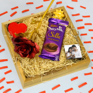 Delight Love Hampers - Red Golden Rose, Photo Keychain, Dairy Milk Silk, Decorative Wooden Tray and Card