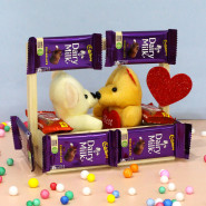 Love Choco Teddy - 8 Dairy Milk, 2 Kit Kat, 2 Small Teddy, Decorative Wooden Tray and Card