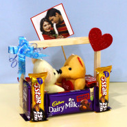 Special Love Arrangement - Dairy Milk Fruit n Nut, 4 Dairy Milk, 2 Five Star, 2 Kit Kat, 2 Small Teddy, One Stick Photo, Decorative Wooden Tray and Card